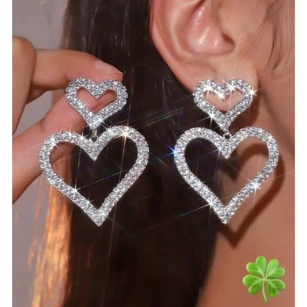 Silver Sparkling Heart Earring, stud posts double heart, chandelier Y2K earrings